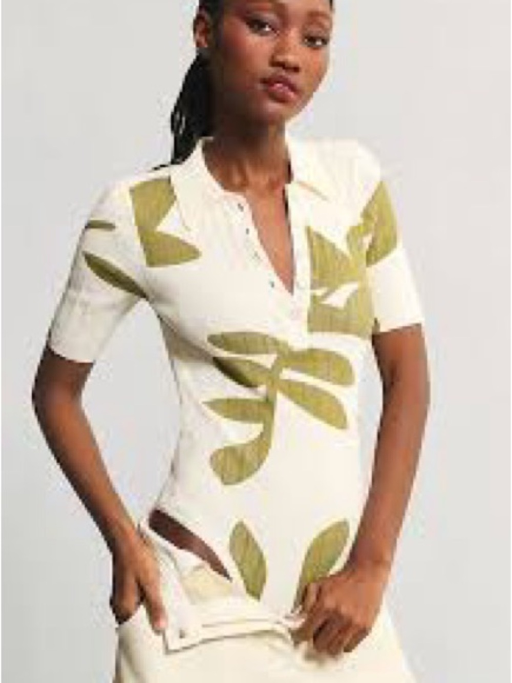 Anthropologie Cream Short-Sleeve Bodysuit with Olive Leaf Print